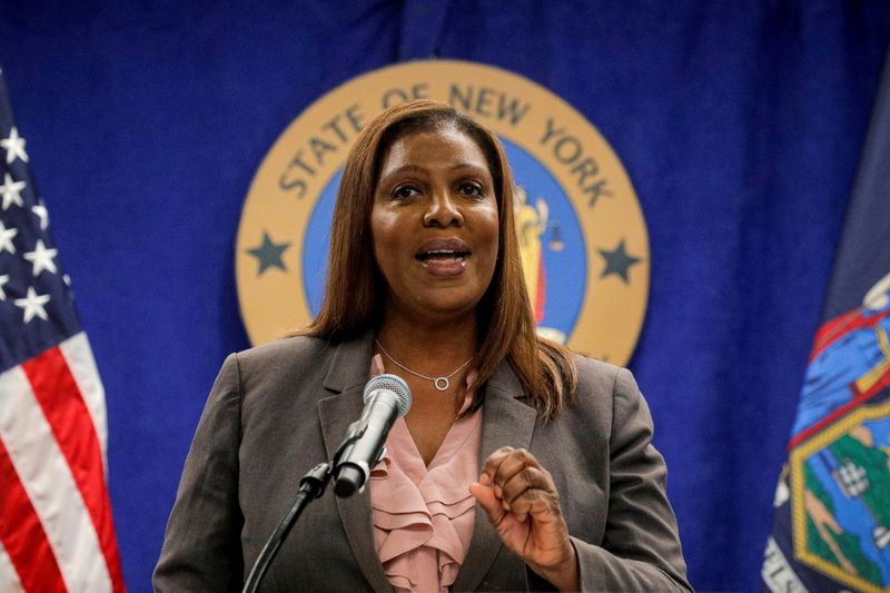 © Reuters. FILE PHOTO: New York State Attorney General, Letitia James, speaks during a news conference, to announce criminal justice reform in New York City, U.S., May 21, 2021.  REUTERS/Brendan McDermid/File Photo/File Photo/File Photo