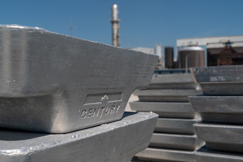&copy; Reuters. FILE PHOTO: 1200 pound high grade aluminum blocks await shipment at Century Aluminum Company in Hawesville, Kentucky, U.S. May 14, 2019. REUTERS/Bryan Woolston/File Photo