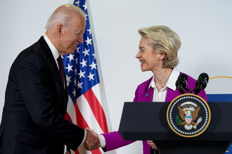 © Reuters. U.S. President Joe Biden and European Commission's President Ursula von der Leyen shake hands after speaking about steel and aluminium tariffs, on the sidelines of the G20 leaders' summit in Rome, Italy October 31, 2021. REUTERS/Kevin Lamarque