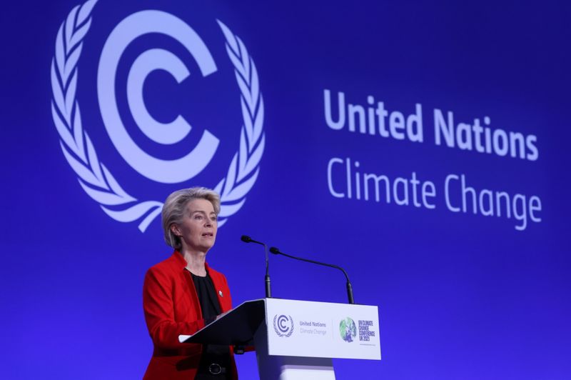 &copy; Reuters. Presidente da Comissão Europeia, Ursula von der Leye, discursa na COP26
01/11/2021
REUTERS/Yves Herman/Pool