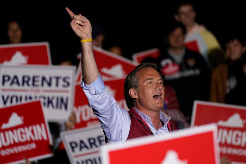 © Reuters. Virginia Republican gubernatorial nominee Glenn Youngkin gestures during a (Loudoun Parents Matter Rally) campaign event in Leesburg, Virginia, U.S., November 1, 2021. REUTERS/Elizabeth Frantz