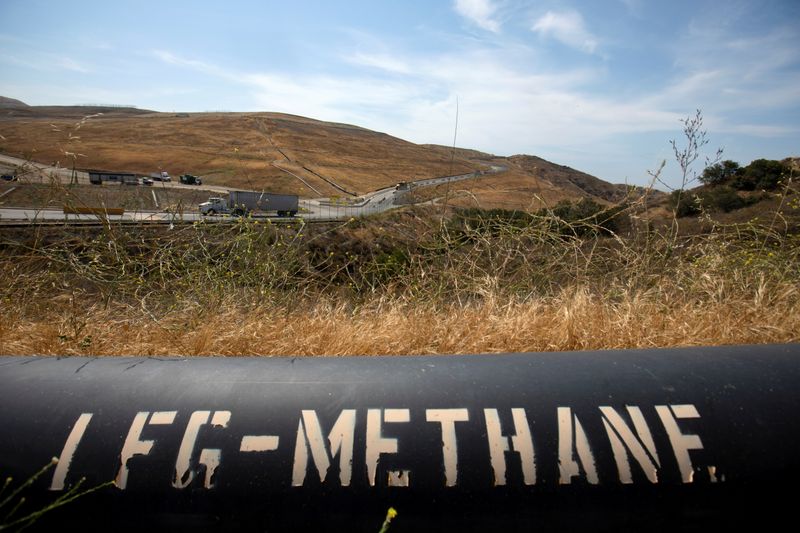 &copy; Reuters. FILE PHOTO: A pipeline that moves methane gas from the Frank R. Bowerman landfill to an onsite power plant is shown in Irvine, California, California, U.S., June 15, 2021.Picture taken June 15, 2021.     REUTERS/Mike Blake/File Photo