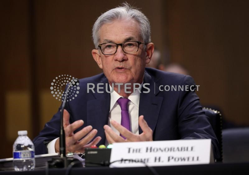 &copy; Reuters. FILE PHOTO: Federal Reserve Chair Jerome Powell testifies during a Senate Banking, Housing and Urban Affairs Committee hearing on the CARES Act, at the Hart Senate Office Building in Washington, DC, U.S., September 28, 2021. Kevin Dietsch/Pool via REUTERS