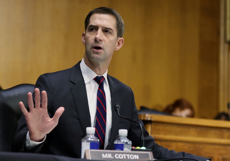 &copy; Reuters. FILE PHOTO: Senator Tom Cotton, R-AR, questions U.S. Attorney General Merrick Garland during a Senate Judiciary Committee hearing examining the Department of Justice on Capitol Hill in Washington, DC, October 27, 2021. Tasos Katopodis/Pool via REUTERS/Fil