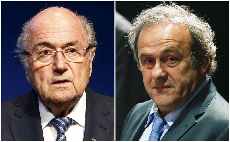 &copy; Reuters. 　スイス司法長官室は２日、国際サッカー連盟会長を務めたゼップ・ブラッター氏（左）、欧州サッカー連盟会長だったミシェル・プラティニ氏（右）を詐欺罪などで起訴したと発表した。