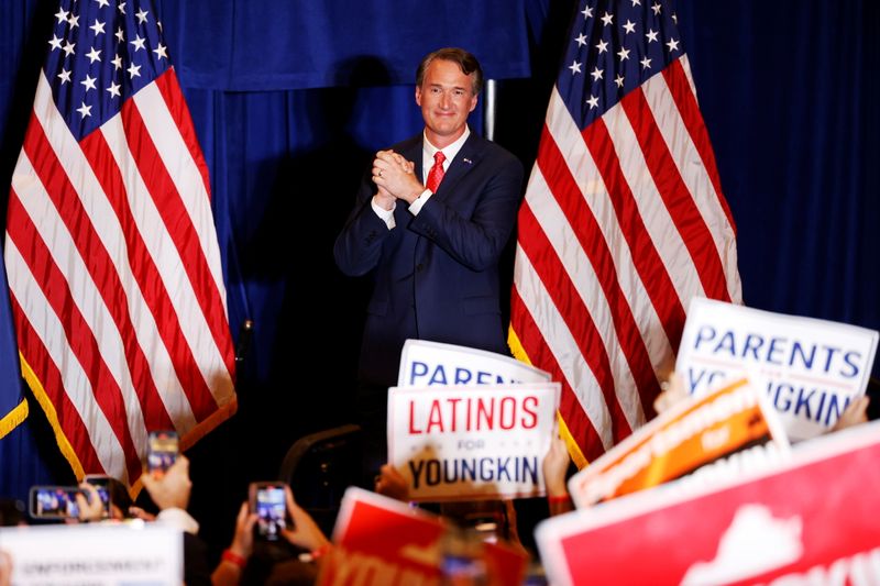© Reuters. Virginia Republican gubernatorial nominee Glenn Youngkin speaks during his election night party at a hotel in Chantilly, Virginia, U.S., November 3, 2021. REUTERS/Jonathan Ernst