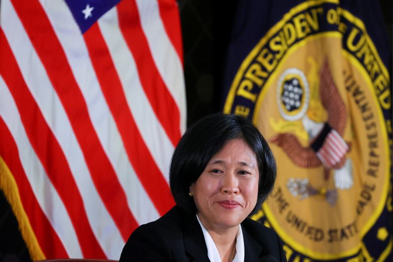 &copy; Reuters. FILE PHOTO: U.S. Trade Representative Katherine Tai addresses the Geneva Graduate Institute on the role of the World Trade Organization (WTO) in the global economy and U.S. policy priorities ahead of the 12th Ministerial Conference in Geneva, Switzerland 