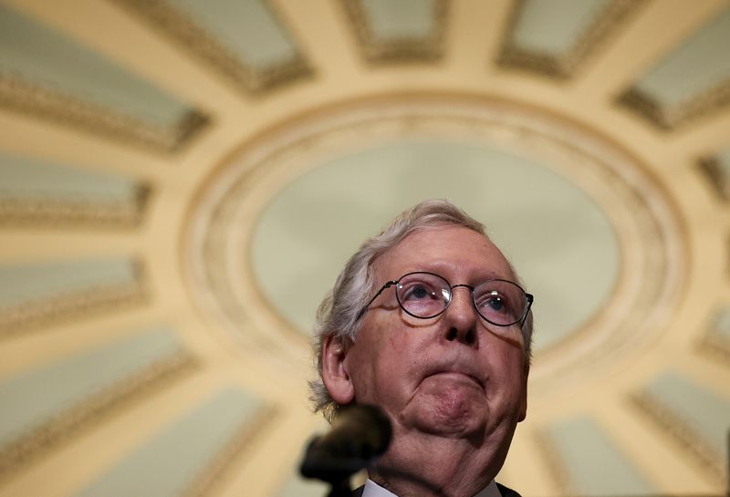 &copy; Reuters. U.S. Senate Republican Leader Mitch McConnell (R-KY) faces reporters following the Senate Republicans weekly policy lunch at the U.S. Capitol in Washington, U.S., November 2, 2021. REUTERS/Evelyn Hockstein