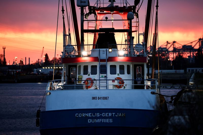 &copy; Reuters. FILE PHOTO: A British trawler Cornelis Gert Jan is seen moored in the port of Le Havre, after France seized on Thursday a British trawler fishing in its territorial waters without a licence, in Le Havre, France, October 29, 2021. REUTERS/Sarah Meyssonnier