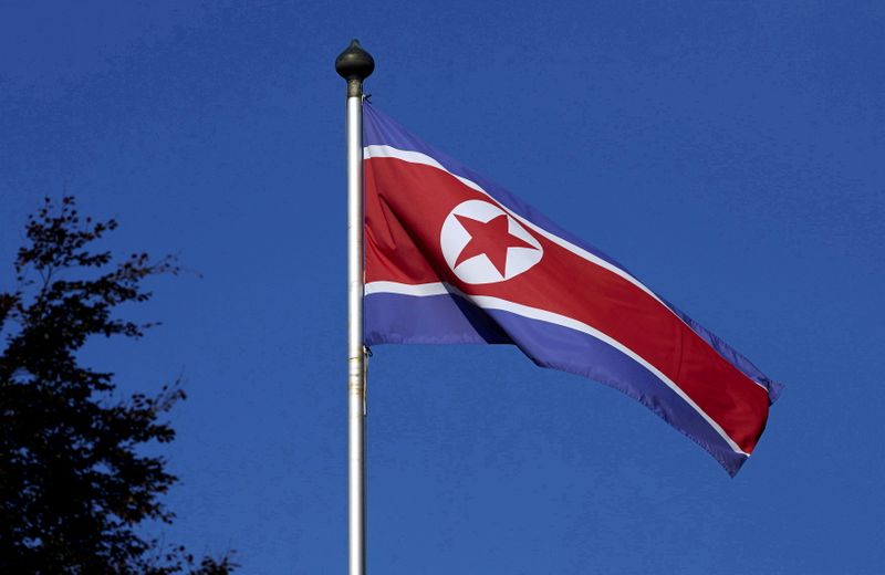 &copy; Reuters. FILE PHOTO: A North Korean flag flies on a mast at the Permanent Mission of North Korea in Geneva October 2, 2014. REUTERS/Denis Balibouse/File Photo