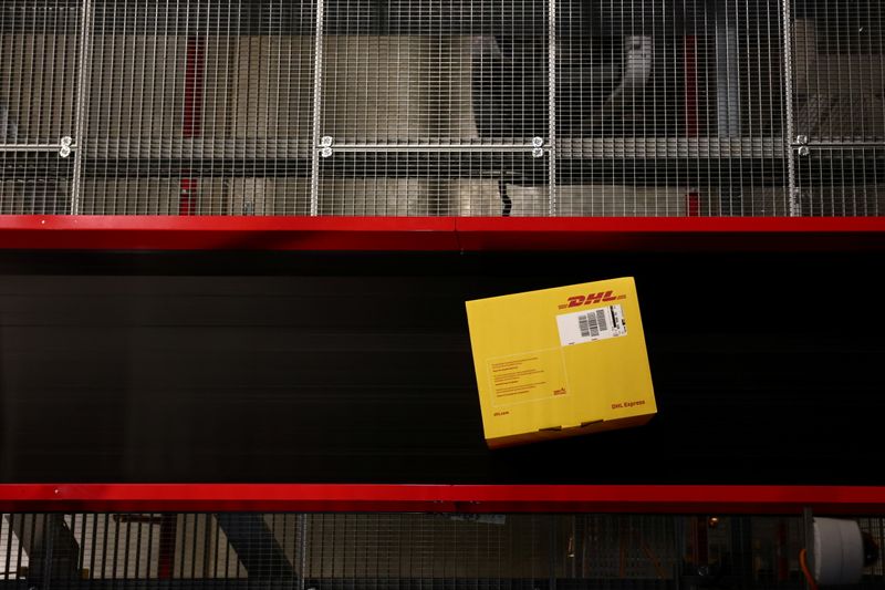 &copy; Reuters. FILE PHOTO: A delivery package is seen in the new DHL Express hub of German postal and logistics group Deutsche Post DHL at the Roissy Charles de Gaulle airport in Tremblay-en-France near Paris, France, October 5, 2021. REUTERS/Sarah Meyssonnier