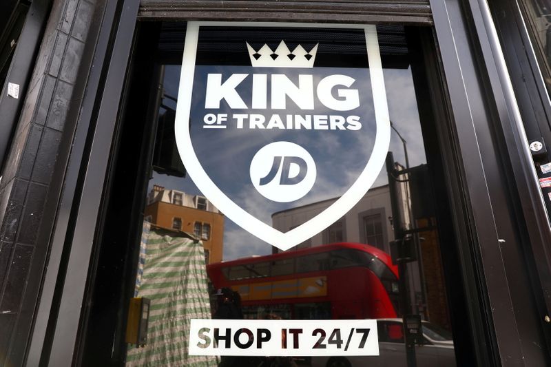 &copy; Reuters. FILE PHOTO: A JD Sports sign at one of the company's stores in London, Britain, April 11, 2017. REUTERS/Neil Hall