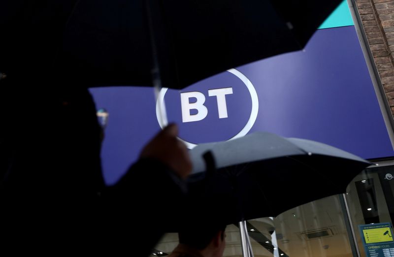 © Reuters. FILE PHOTO: Logo of British Telecom (BT) is displayed outside a store in London, Britain, November 15, 2019. REUTERS/Simon Dawson