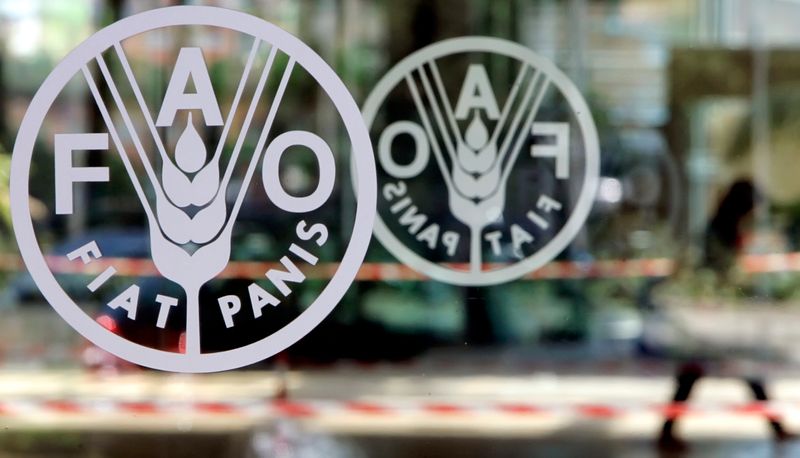 &copy; Reuters. FOTO DE ARCHIVO: El logotipo de la Organización de las Naciones Unidas para la Agricultura y la Alimentación (FAO, por sus siglas en inglés) en su sede en Roma, Italia, el 31 de agosto de 2005. REUTERS/Alessandro Bianchi 