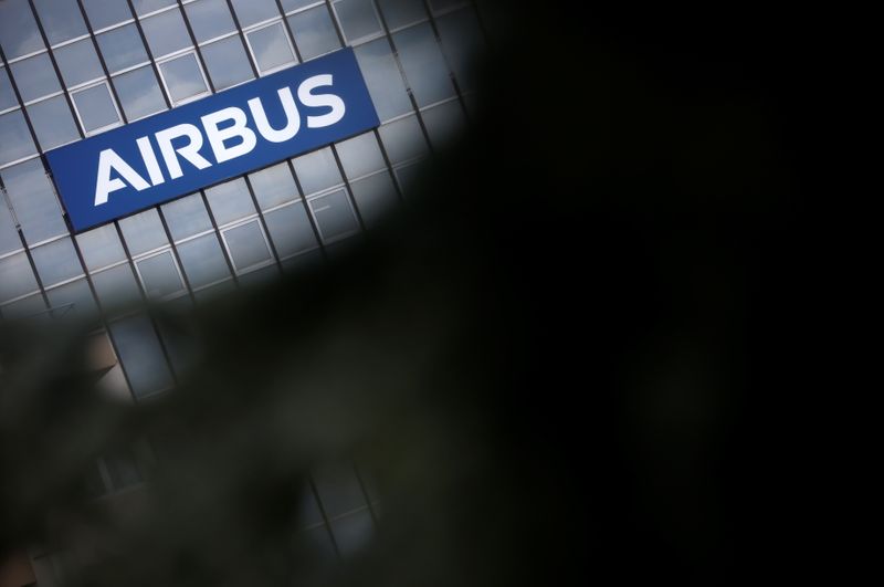 &copy; Reuters. FILE PHOTO: The logo of Airbus is seen on a building in Toulouse, France, March 11, 2021. REUTERS/Stephane Mahe