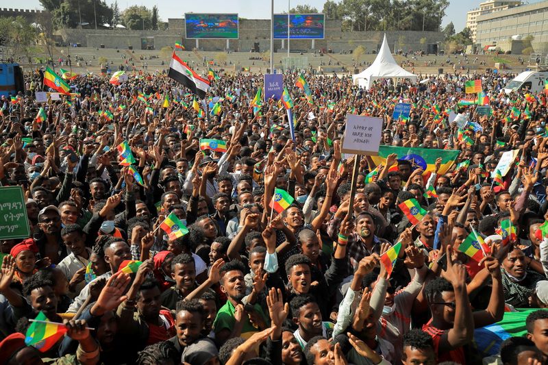 &copy; Reuters. Civilians attend a pro-government rally to denounce what the organisers say is the Tigray People’s Liberation Front (TPLF) and the Western countries' interference in internal affairs of the country, at Meskel Square in Addis Ababa, Ethiopia, November 7,
