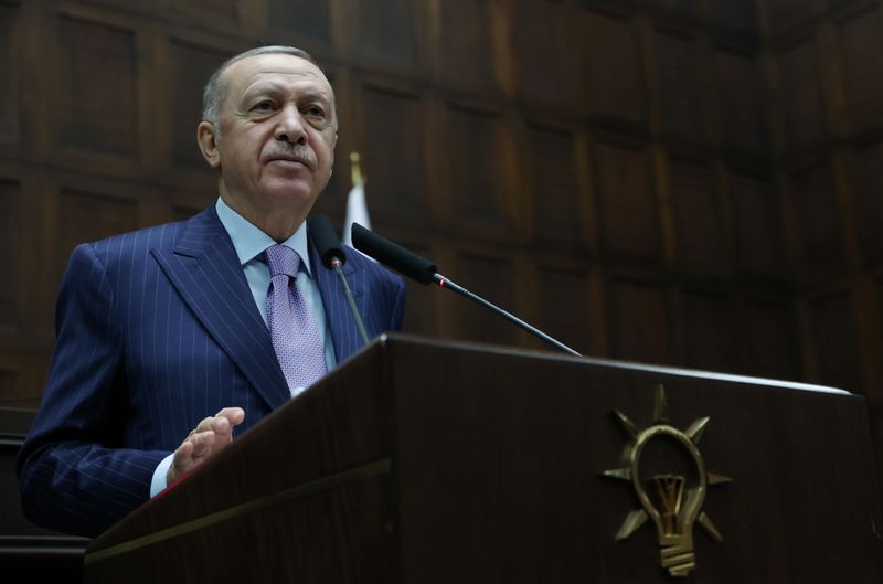 &copy; Reuters. FILE PHOTO: Turkish President Tayyip Erdogan addresses members of parliament from his ruling AK Party (AKP) during a meeting at the Turkish parliament in Ankara, Turkey, October 27, 2021. Murat Cetinmuhurdar/PPO/Handout via REUTERS 