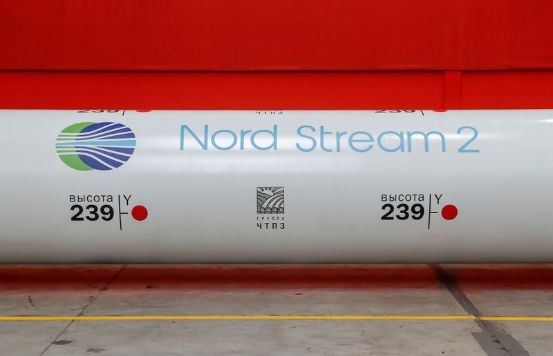 &copy; Reuters. FILE PHOTO: The logo of the Nord Stream 2 gas pipeline project is seen on a large diameter pipe at Chelyabinsk Pipe Rolling Plant owned by ChelPipe Group in Chelyabinsk, Russia February 26, 2020.  REUTERS/Maxim Shemetov