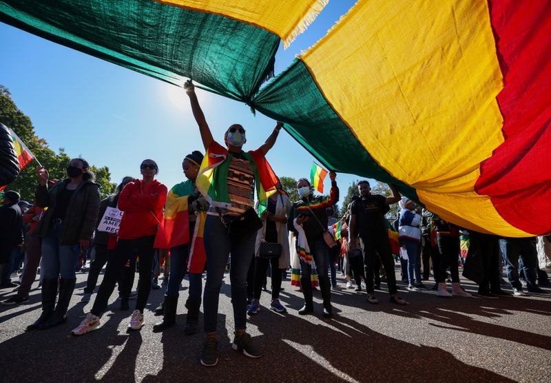 © Reuters. متظاهرون خلال احتجاج للتنديد بموقف الولايات المتحدة من الصراع في إثيوبيا خارج البيت الأبيض في واشنطن يوم الاثنين. تصوير:رويترز.
