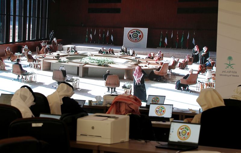 &copy; Reuters. FILE PHOTO: A general view of the Gulf Cooperation Council's (GCC) 41st Summit, is pictured via screen at the media centre in Al-Ula, Saudi Arabia January 5, 2021. REUTERS/Ahmed Yosri