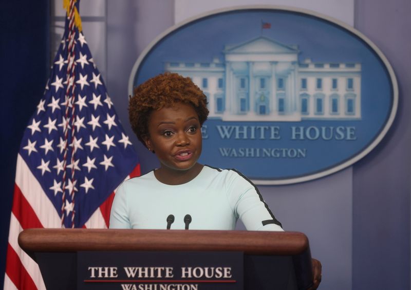 &copy; Reuters. FILE PHOTO: White House Deputy Press Secretary Karine Jean-Pierre holds a press briefing at the White House in Washington, U.S., November 8, 2021. REUTERS/Leah Millis