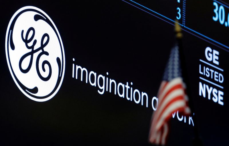 &copy; Reuters. FILE PHOTO: The ticker and logo for General Electric Co. is displayed on a screen at the post where it's traded on the floor of the New York Stock Exchange (NYSE) in New York City, U.S., June 30, 2016.  REUTERS/Brendan McDermid/File Photo