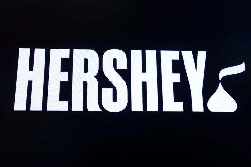 &copy; Reuters. FILE PHOTO: The company logo for Hershey Co. is displayed on a screen on the floor of the New York Stock Exchange (NYSE) in New York, U.S., March 4, 2019. REUTERS/Brendan McDermid