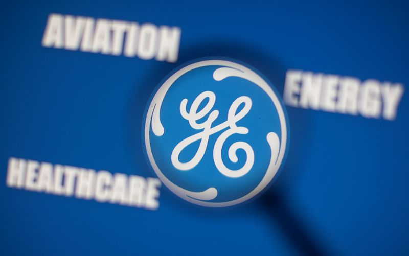 &copy; Reuters. General Electric logo is seen through magnifier in front of displayed Aviation, Energy, Healthcare words in this illustration taken, November 9, 2021. REUTERS/Dado Ruvic/Illustration