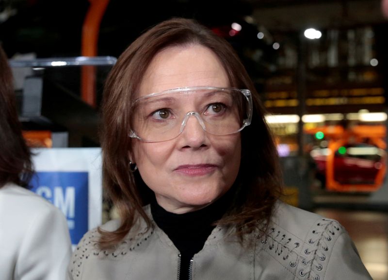 &copy; Reuters. FILE PHOTO: General Motors Chief Executive Officer Mary Barra wears safety glasses on the assembly floor at the GM Orion Assembly Plant in Lake Orion, Michigan, U.S. March 22, 2019.  REUTERS/Rebecca Cook/File Photo