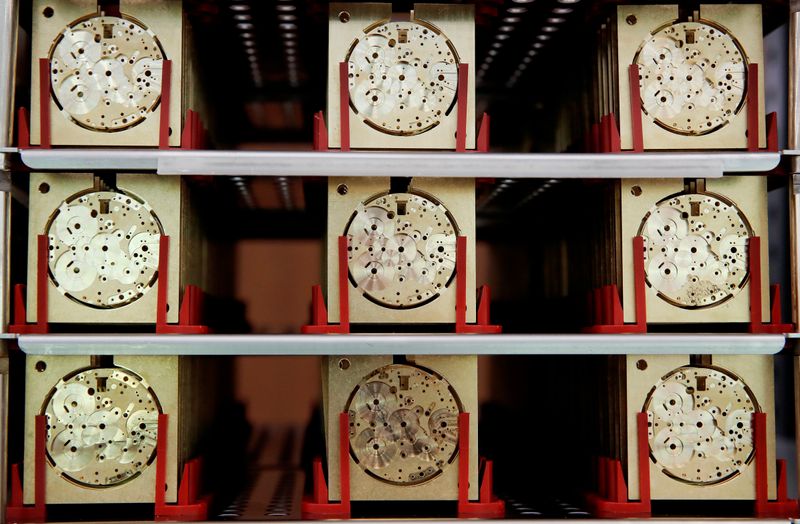 &copy; Reuters. FILE PHOTO: Movement plates for watches of Swiss watch manufacturer IWC are seen at its new factory in Schaffhausen, Switzerland August 27, 2018. REUTERS/Arnd Wiegmann