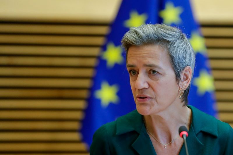 &copy; Reuters. FILE PHOTO: European Commission Vice-President in charge of Europe Fit for the Digital Age, Margrethe Vestager talks at the start of a meeting of the College of Commissioners at the Berlaymont, in Brussels, Belgium, November 10, 2021. Stephanie Lecocq /Po