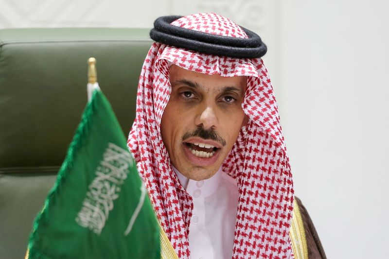 &copy; Reuters. FILE PHOTO: Saudi Arabia's Foreign Minister Prince Faisal bin Farhan Al Saud speaks during a news conference in Riyadh, Saudi Arabia March 22, 2021. REUTERS/Ahmed Yosri/File Photo