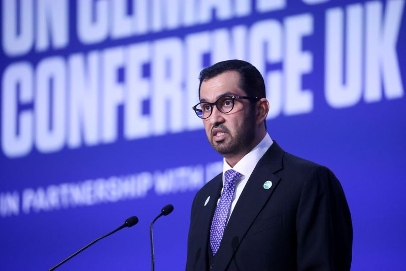 &copy; Reuters. United Arab Emirates' Minister of Industry and Advanced Technology, and CEO of the Abu Dhabi National Oil Company, Sultan Ahmed Al Jaber speaks during the UN Climate Change Conference (COP26), in Glasgow, Scotland, Britain, November 10, 2021. REUTERS/Yves