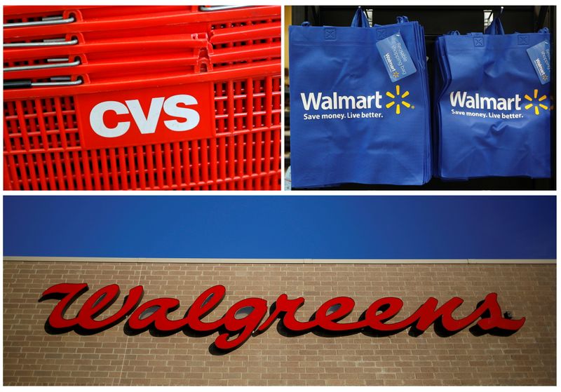 &copy; Reuters. FILE PHOTO: The combination photo shows a logo of CVS in Manhattan, New York, U.S., August 1, 2016, re-usable Walmart bags in a newly opened Walmart Neighborhood Market in Chicago September 21, 2011 and a Walgreens sign in the Chicago suburb of Niles, Ill