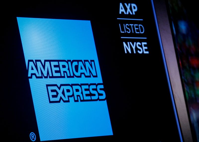 &copy; Reuters. FILE PHOTO: American Express logo and trading symbol are displayed on a screen at the New York Stock Exchange (NYSE) in New York, U.S., December 6, 2017. REUTERS/Brendan McDermid/File Photo