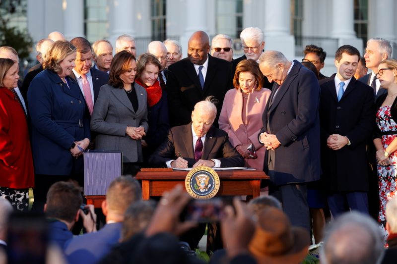 © Reuters. U.S. President Joe Biden signs the 