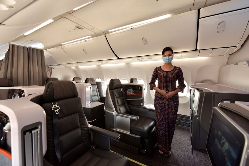 &copy; Reuters. A view of the Business Class cabin during Singapore Airlines' media preview of their new Boeing 737-8 cabin products, at Changi Airport in Singapore November 16, 2021. REUTERS/Caroline Chia
