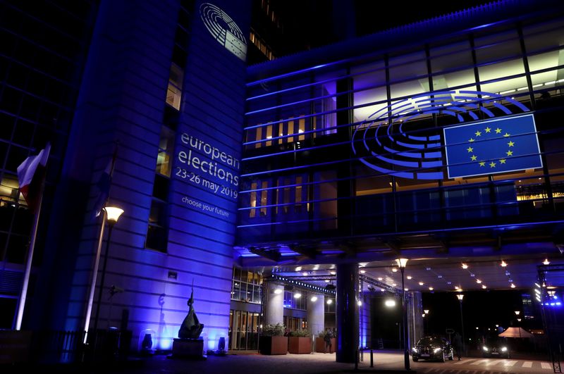 © Reuters. FILE PHOTO: Building of the European Parliament is pictured during the election night for European elections, in Brussels, Belgium, May 26, 2019. REUTERS/Yves Herman