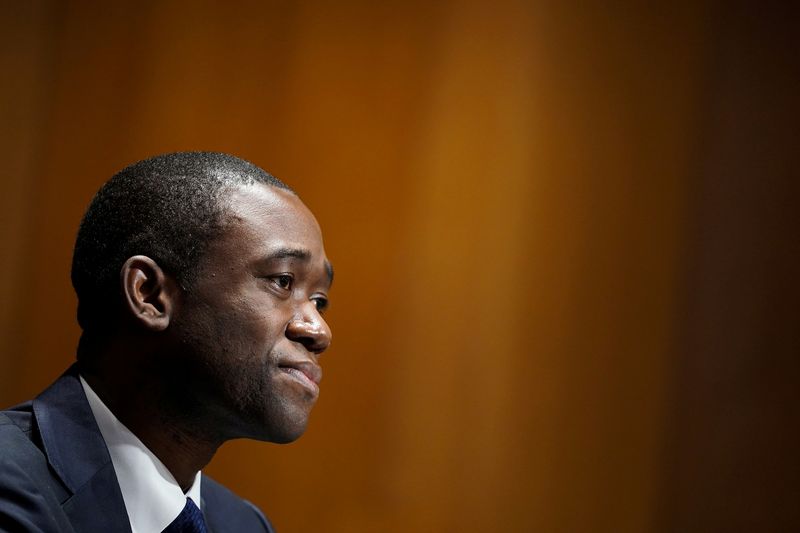 &copy; Reuters. FILE PHOTO: Economist Adewale "Wally" Adeyemo listens to questions during his Senate Finance Committee nomination hearing to be Deputy Secretary of the Treasury in the Dirksen Senate Office Building, in Washington, D.C., U.S., February 23, 2021. Greg Nash
