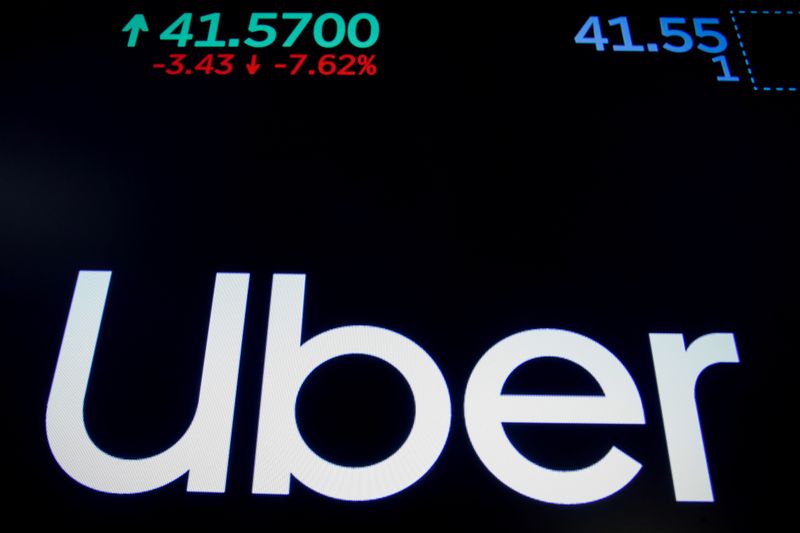 &copy; Reuters. FILE PHOTO: A screen displays the company logo and the trading information for Uber Technologies Inc. after the closing bell on the day of it's IPO at the New York Stock Exchange (NYSE) in New York, U.S., May 10, 2019. REUTERS/Brendan McDermid