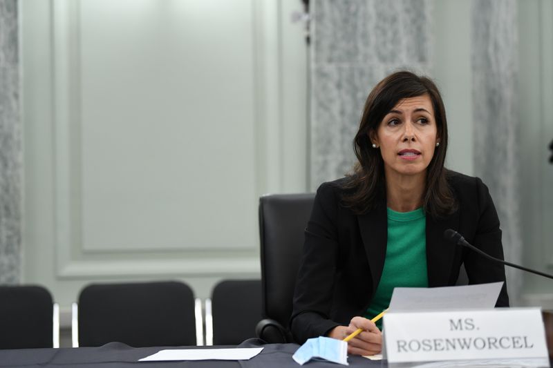 &copy; Reuters. FILE PHOTO: Jessica Rosenworcel answers a question during an oversight hearing held by the U.S. Senate Commerce, Science, and Transportation Committee for the Federal Communications Commission (FCC), in Washington, U.S. June 24, 2020.    Jonathan Newton/P