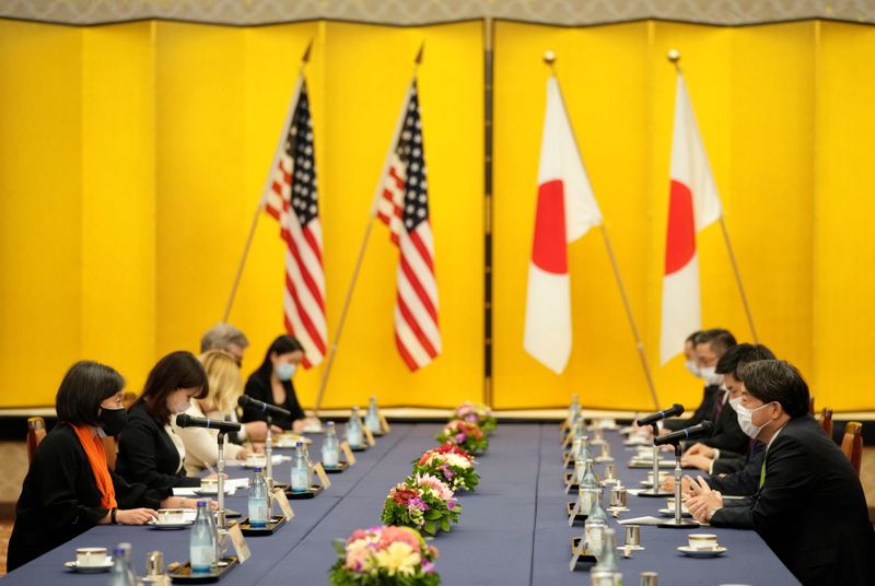 &copy; Reuters. U.S. Trade Representative Katherine Tai speaks to Japanese Foreign Affairs Minister Yoshimasa Hayashi at the start of their meeting at the Iikura Guest House in Tokyo, Japan, November 17 2021. Franck Robichon/Pool via REUTERS