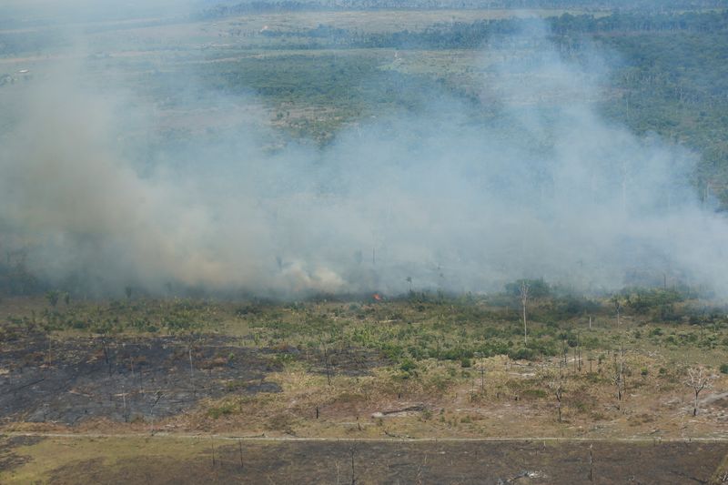 &copy; Reuters. FILE PHOTO: Smoke billows from a fire in an aerial view showing a deforested plot of the Amazon rainforest in Rondonia State, Brazil September 28, 2021. REUTERS/Adriano Machado/File Photo