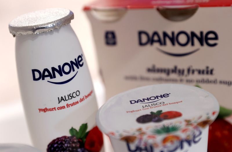 &copy; Reuters. FILE PHOTO: Danone products displayed before the French food group's 2019 annual results presentation in Paris, France, February 26, 2020. REUTERS/Christian Hartmann/File Photo