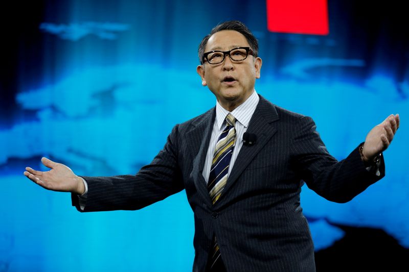 &copy; Reuters. FILE PHOTO: Akio Toyoda, president of Toyota Motor Corporation, speaks at a news conference, where he announced Toyota's plans to build a prototype city of the future on a 175-acre site at the base of Mt. Fuji in Japan, during the 2020 CES in Las Vegas, N