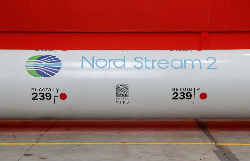 &copy; Reuters. FILE PHOTO: The logo of the Nord Stream 2 gas pipeline project is seen on a large diameter pipe at the Chelyabinsk Pipe Rolling Plant owned by ChelPipe Group in Chelyabinsk, Russia, February 26, 2020. REUTERS/Maxim Shemetov