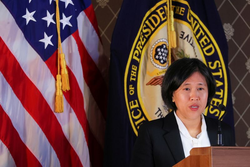 &copy; Reuters. FILE PHOTO: U.S. Trade Representative Katherine Tai addresses the Geneva Graduate Institute on the role of the World Trade Organization (WTO) in the global economy and U.S. policy priorities ahead of the 12th Ministerial Conference in Geneva, Switzerland 