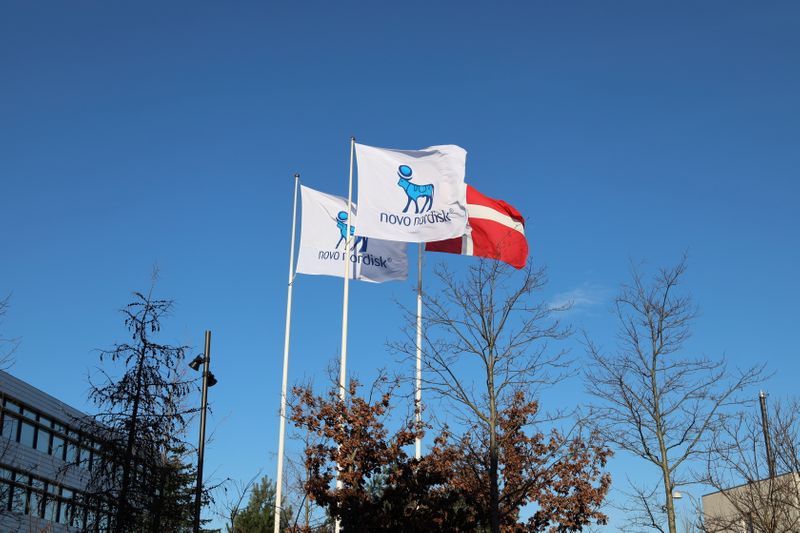 © Reuters. FILE PHOTO: Flags are seen outside Novo Nordisk headquarters in Copenhagen, Denmark, February 5, 2020. REUTERS/Jacob Gronholt-Pedersen/File Photo