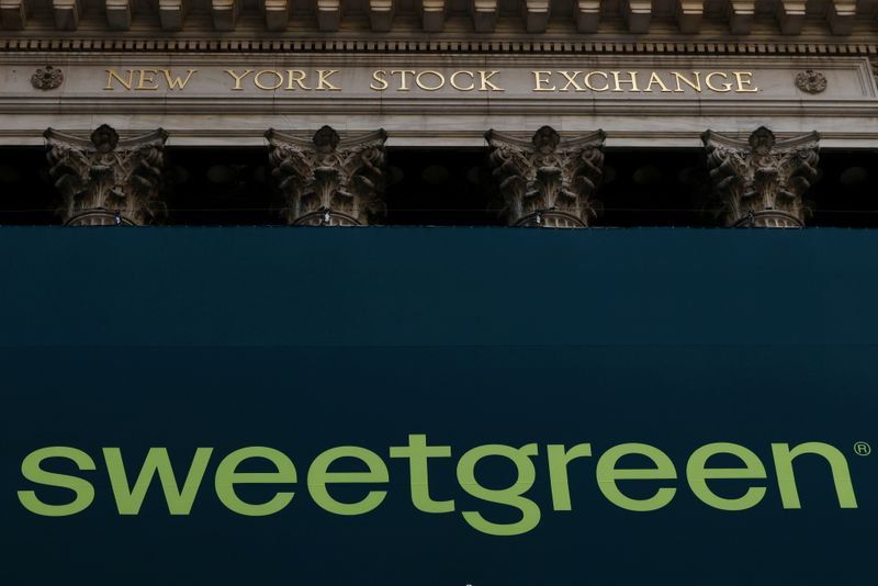 &copy; Reuters. The Sweetgreen logo is displayed on a banner, to celebrate the company's IPO, on the front facade of the New York Stock Exchange (NYSE) in New York City, U.S., November 18, 2021.   REUTERS/Shannon Stapleton