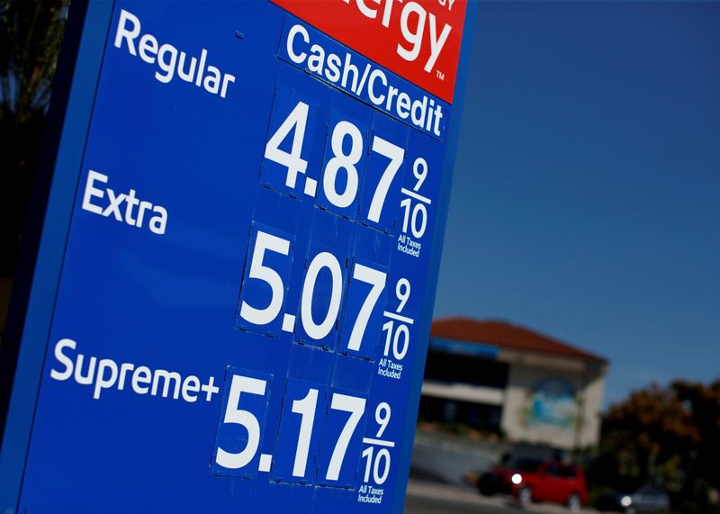 © Reuters. FILE PHOTO: Gas prices grow along with inflation as this sign at a gas station shows in San Diego, California, U.S. November, 9, 2021.  REUTERS/Mike Blake/File Photo/File Photo